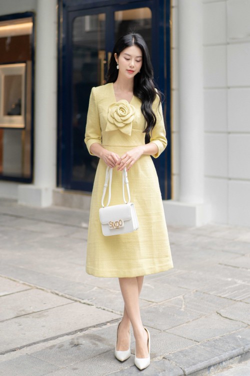 Sixdo Neon Yellow Midi Tweed Dress With Flower